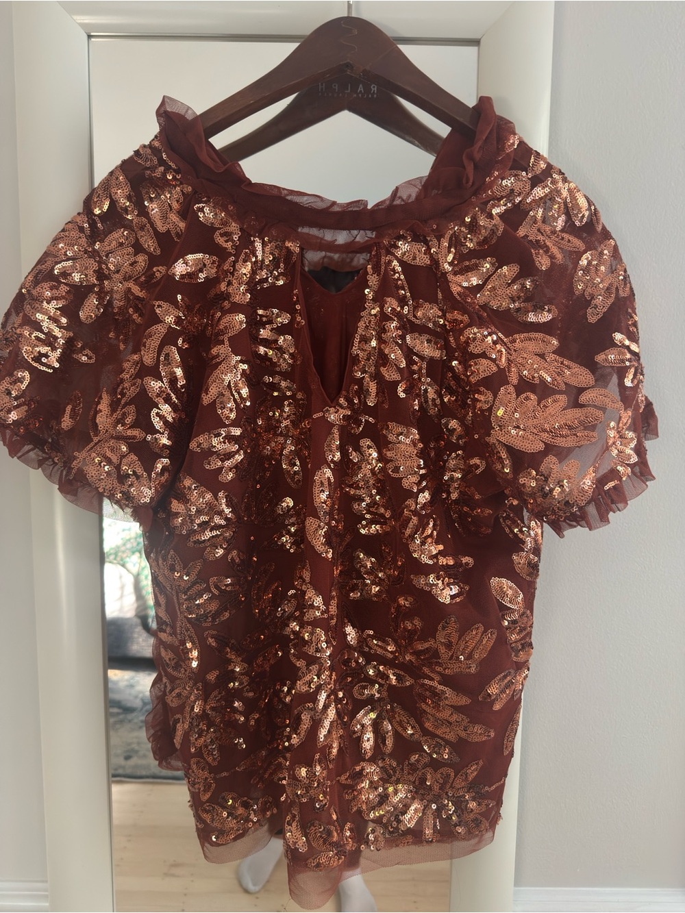 Anthropologie Copper Sequin Leaf Mesh Blouse
